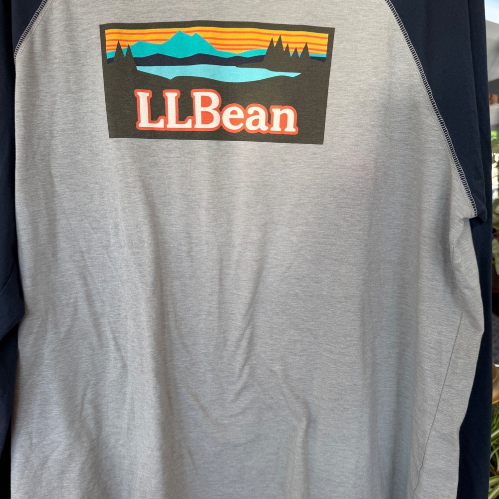 LL Bean Raglan Tee Mens XL Gray Navy Gorpcore Graphic Mountain Raglan Retro